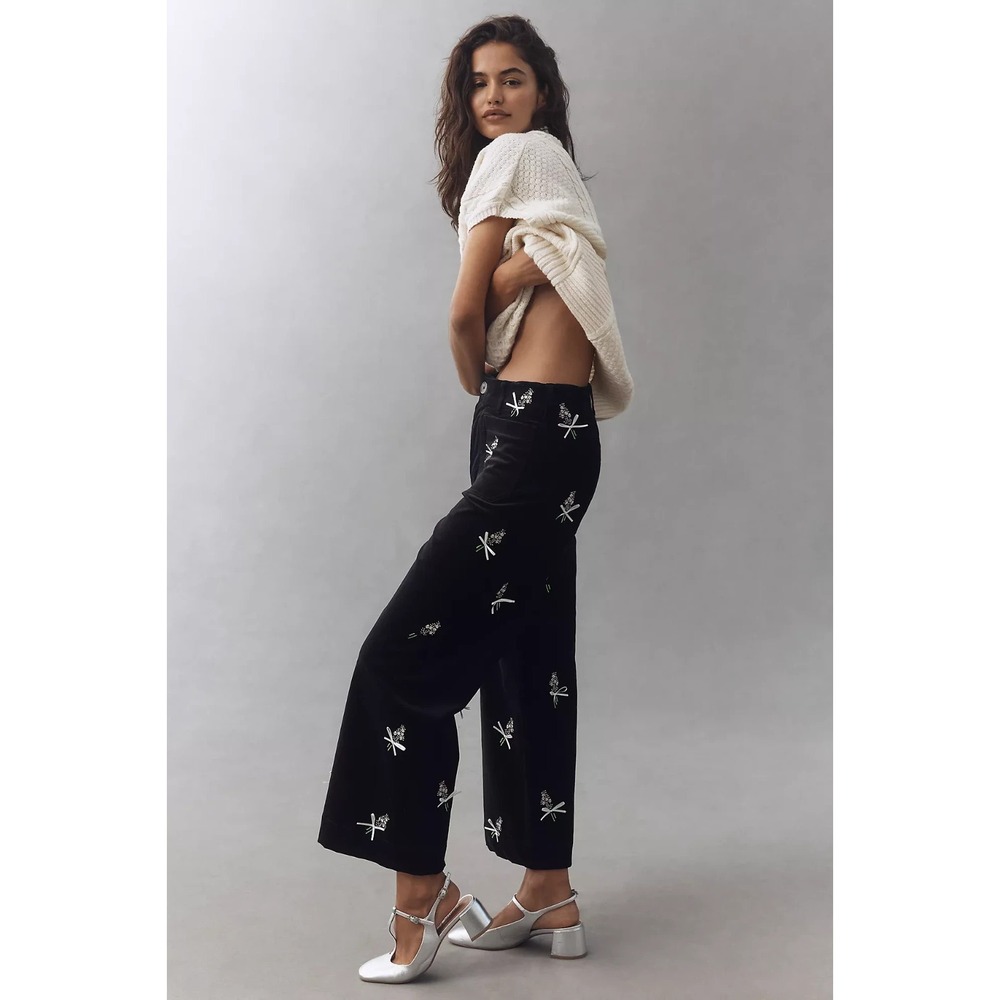 Maeve Anthropologie NWT Black Velvet Colette 3D Bouquets Bow Crop Pants 23P